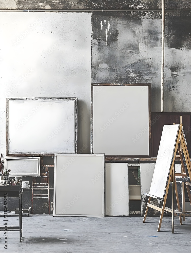 Fototapeta premium A creative artist’s loft with a collection of mismatched empty frames on an industrial concrete wall, surrounded by easels and paint supplies.