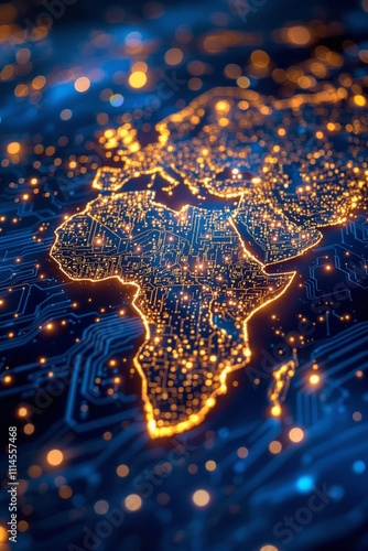 High-Tech Representation of Africa with Illuminated Circuitry and City Lights