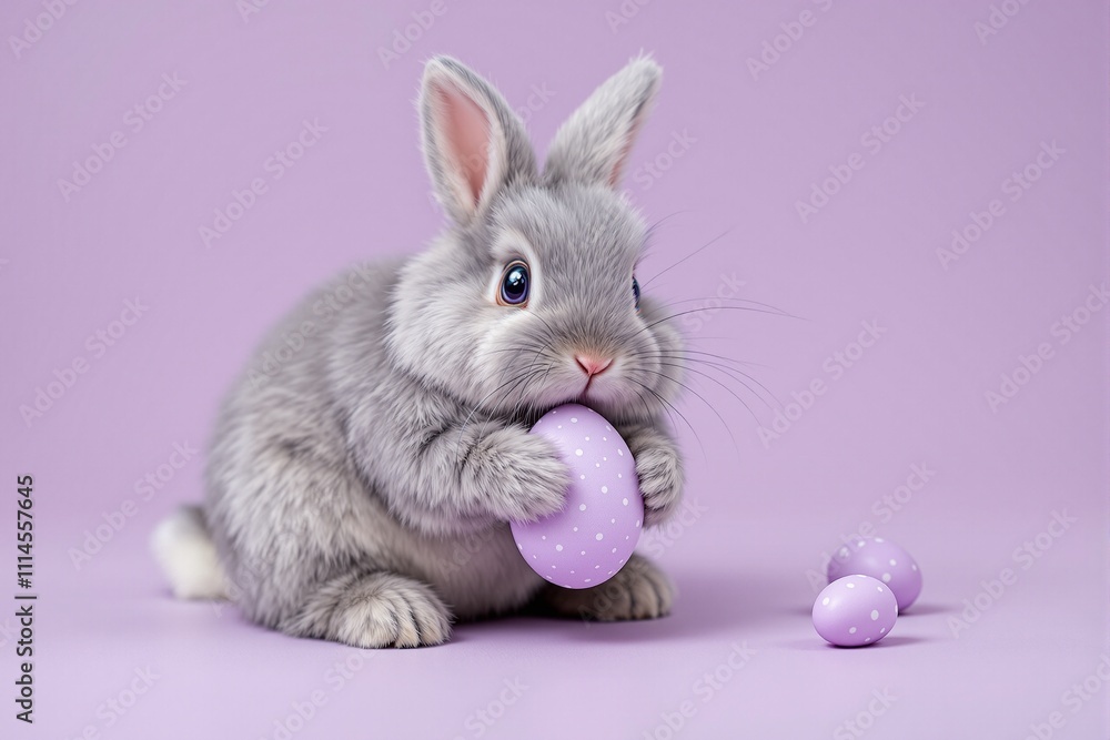 Fototapeta premium Cute Gray Bunny Holding a Purple Egg on a Soft Purple Background