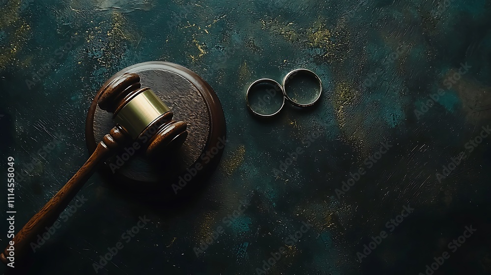 Judge gavel and wedding rings resting on dark background symbolizing divorce Judge gavel and wedding rings resting on dark background symbolizing divorce