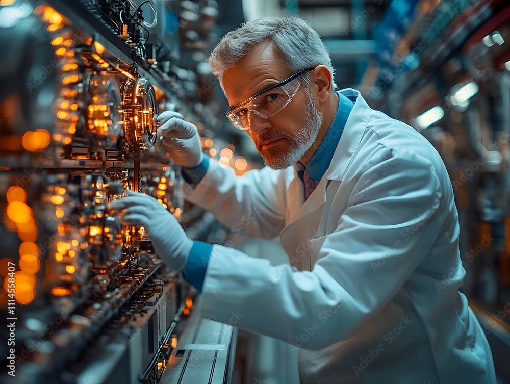 a thoughtful middle-aged engineer monitors and analyzes conditions in a modern electronics factory with an automated robot working with the help of artificial intelligence software. a thoughtful middle-aged engineer monitors and analyzes conditions in a modern electronics factory with an automated robot working with the help of artificial intelligence software.