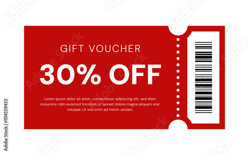 Vector 30% off voucher. Gift voucher. Discount coupon with barcode template. 