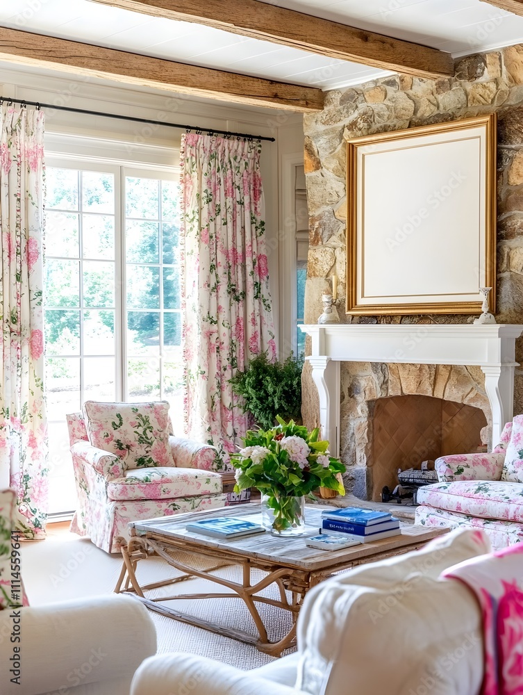 Fototapeta premium A cozy countryside living room with a whitewashed wooden frame above a stone fireplace, surrounded by floral curtains and soft armchairs. 