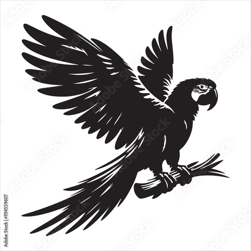 A graphic silhouette of a parrot bird preaching on a tree branch