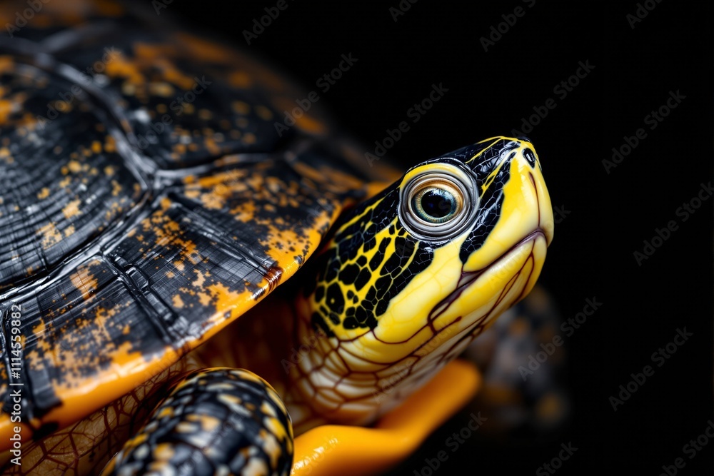 Close-Up of a Vibrantly Colored Yellow-Bellied Slider Turtle against a Black Background Close-Up of a Vibrantly Colored Yellow-Bellied Slider Turtle against a Black Background