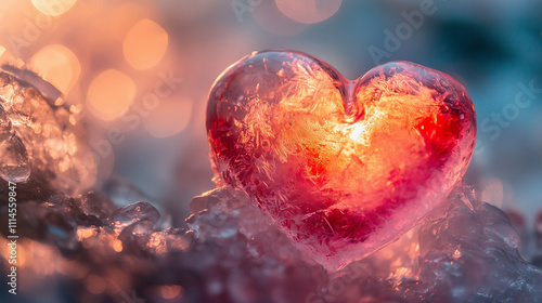 A heart-shaped red symbol encased in a clear melting block of ice