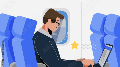 Businessman on passenger seat in airplane flight working on laptop