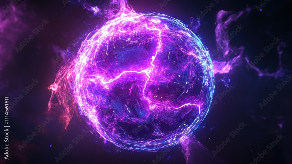 Glowing purple and pink energy sphere with electric streaks in dark space. Glowing purple and pink energy sphere with electric streaks in dark space.