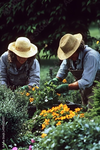 A couple planting flowers and trimming bushes in a small backyard garden, wearing gloves and straw hats.