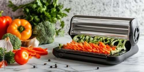 Sleek mandoline slicer with julienned vegetables, marble background, half the image for text, front view. photo