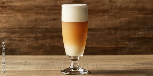 Tall pilsner glass with frothy beer on a wooden surface background, half the image for text, front view. photo