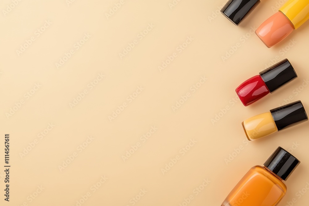Obraz premium Warm Toned Nail Polishes Arranged on Flat Surface for Beauty Use