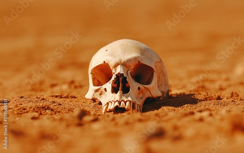 A solitary skull rests on a sandy surface, evoking themes of mortality and the passage of time in a stark, desolate environment. photo