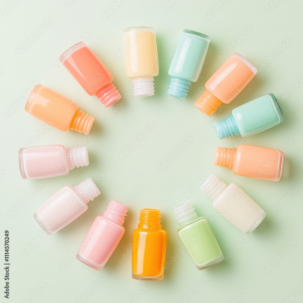 Colorful Symmetrical Arrangement of Nail Polish Bottles on Green Background Colorful Symmetrical Arrangement of Nail Polish Bottles on Green Background