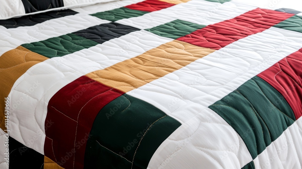 Obraz premium A colorful patchwork quilt with geometric patterns, featuring stripes of red, green, white, and gold, draped elegantly across a bed.