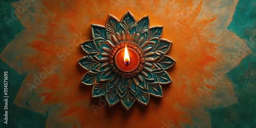 Single decorative diya with a radiant flame on a mandala-inspired orange and teal background, leaving space for text, ultra-realistic SLR photography. photo