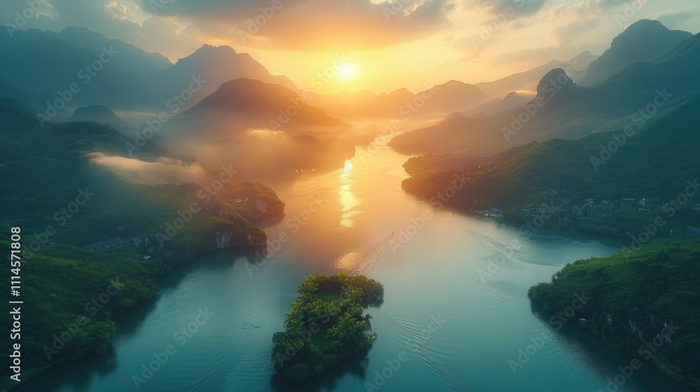 Serene sunset over tranquil river surrounded by misty mountains creating a breathtaking natural landscape Serene sunset over tranquil river surrounded by misty mountains creating a breathtaking natural landscape
