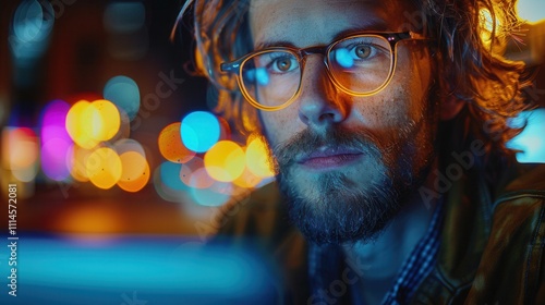 Man with glasses focuses intently while working at a computer in a vibrant urban setting at night