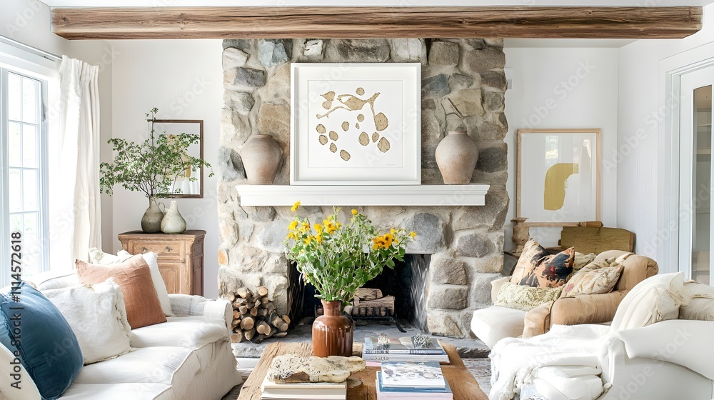 Fototapeta premium A bright and cozy living room with a white frame hanging above a stone fireplace, accented with wooden and earthy tones in the decor. 