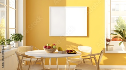 A bright breakfast nook with a square white blank frame on a sunny wall, paired with mismatched chairs, a round table, and a fruit bowl centerpiece