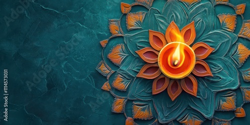 Decorative diya with vibrant orange flame, set against a teal background with mandala-inspired accents, leaving room for text, ultra-detailed photo. photo