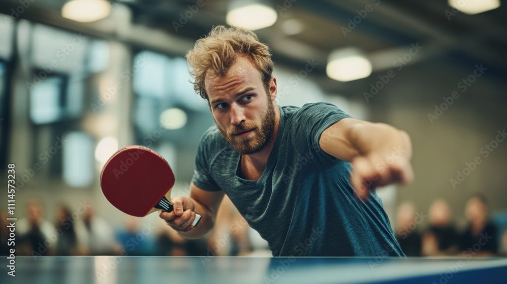 Competitive table tennis match takes place in a bustling sports hall with spectators cheering in the background