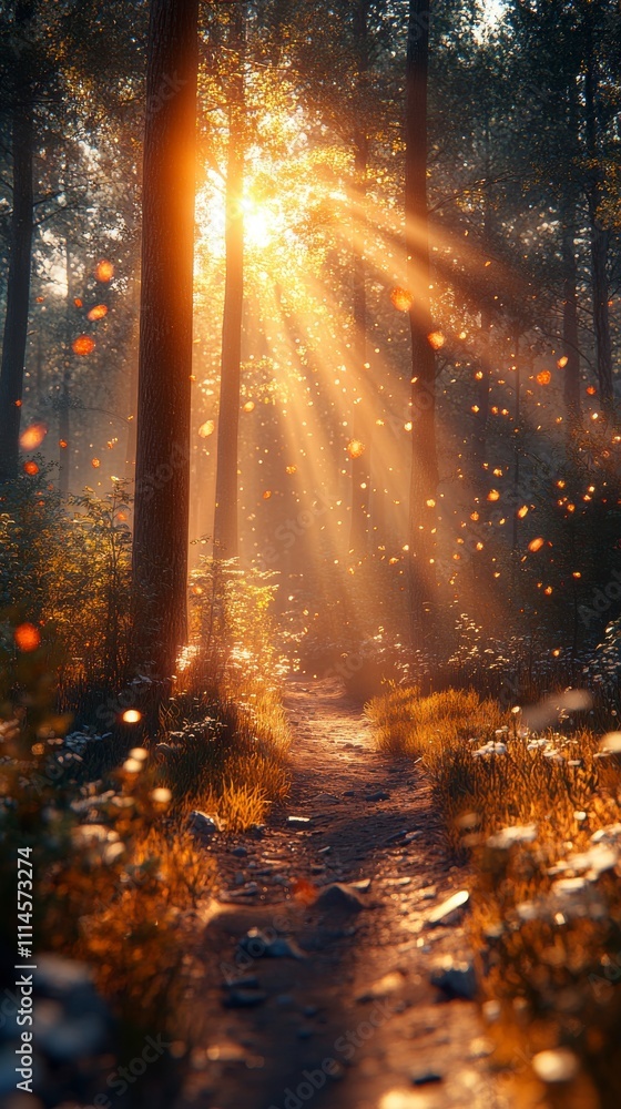 Fototapeta premium Golden Sunlight Illuminates a Peaceful Forest Path, Autumnal Wonders