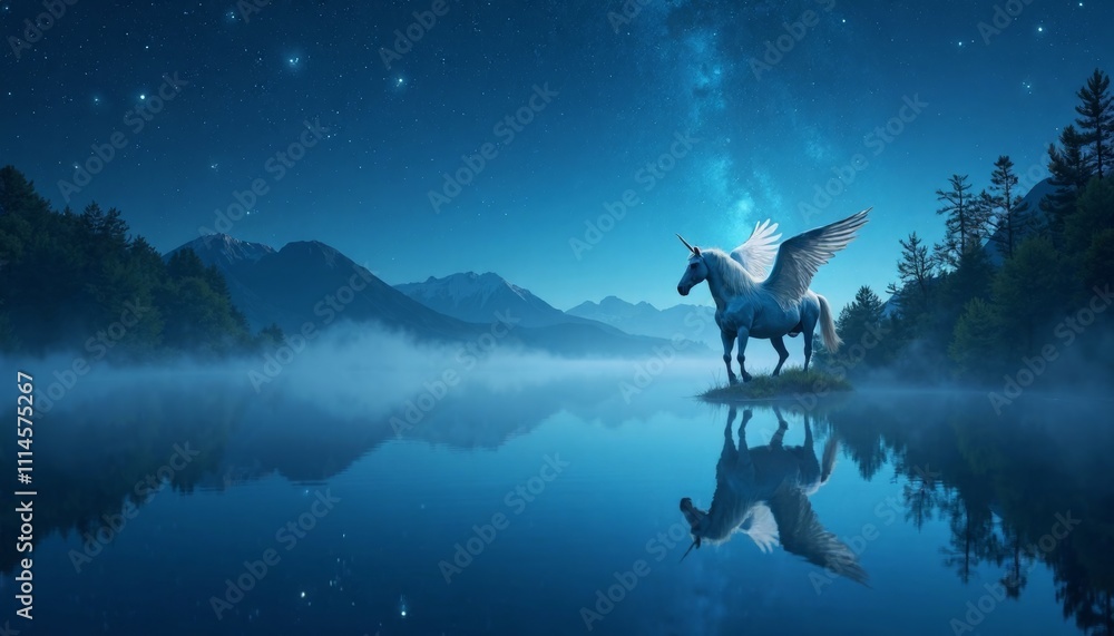 Fototapeta premium Majestic Winged Unicorn Stands by Serene Nighttime Lake
