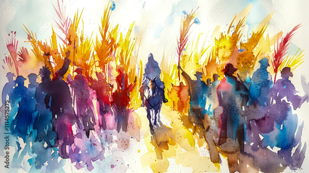 Fototapeta premium Jesus riding a donkey into Jerusalem. People holding palm branches while cheering. Colorful watercolor illustration. Religious concept. Copy space.