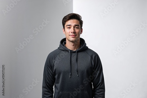 Smiling young man with tattoos in athletic black shirt 