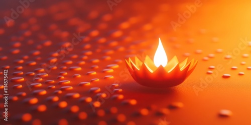 Single diya with abstract flame details, glowing on a vibrant orange surface with dotted minimalistic accents. photo