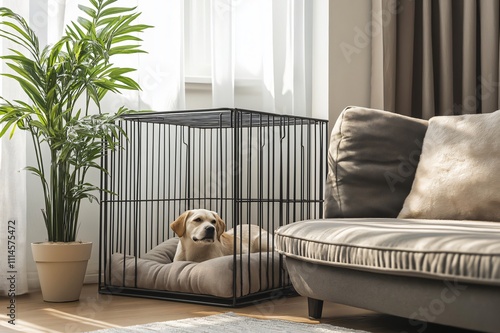 Golden Labrador retriever relaxing in its stylish indoor kennel, placed in a bright and comfortable living room photo