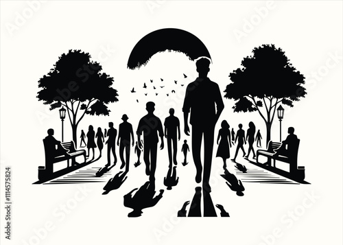 Silhouettes of People Strolling Through a Park at Twilight, Ideal for Relaxation Themes, Community Engagement Campaigns, Wellness Promotions, Urban Nature Photography, and Inspirational Art Projects