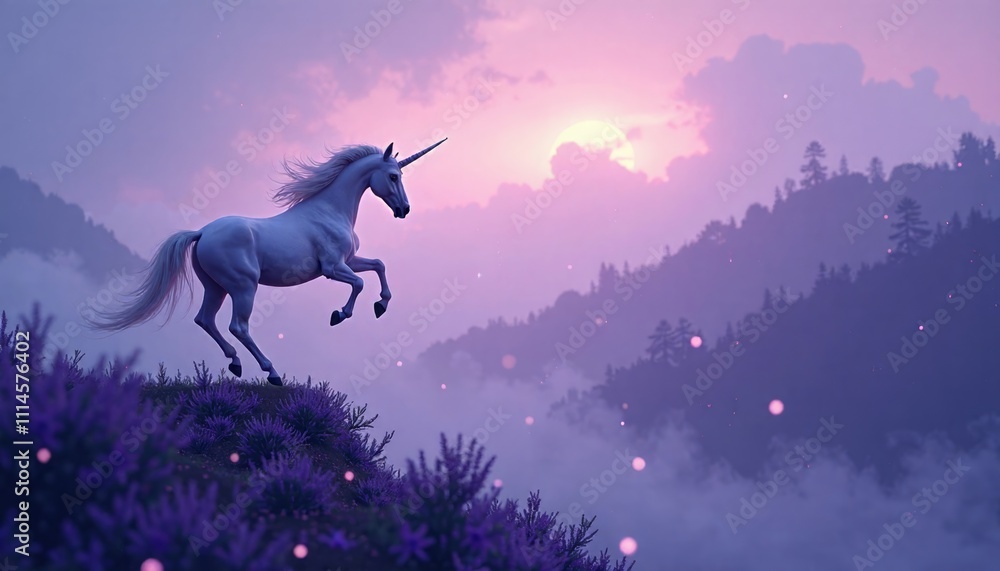 Naklejka premium Majestic Unicorn Leaping Over Purple Hills at Sunset in Fantasy Landscape
