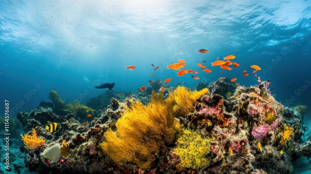 Naklejka premium Vibrant Underwater Coral Reef with Sunbeams