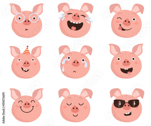 Cartoon pigs emoji. Funny farm animal heads with different emotion expressions. Cute zoo character smiles. Happy laughter. Cry tears. Domestic mammals. Boar muzzles. Splendid vector set