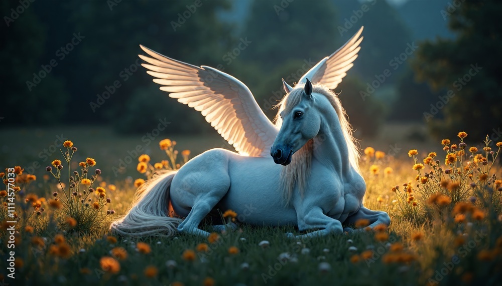 Enchanted White Winged Horse Resting in a Blooming Meadow Enchanted White Winged Horse Resting in a Blooming Meadow