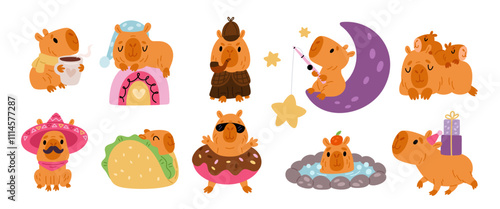 Cartoon capybaras characters. Cute exotic animals. Biggest rodents. Different actions and poses. Positive emotions. Mammal sleeping in burrito. Capibara Sherlock. Garish vector set