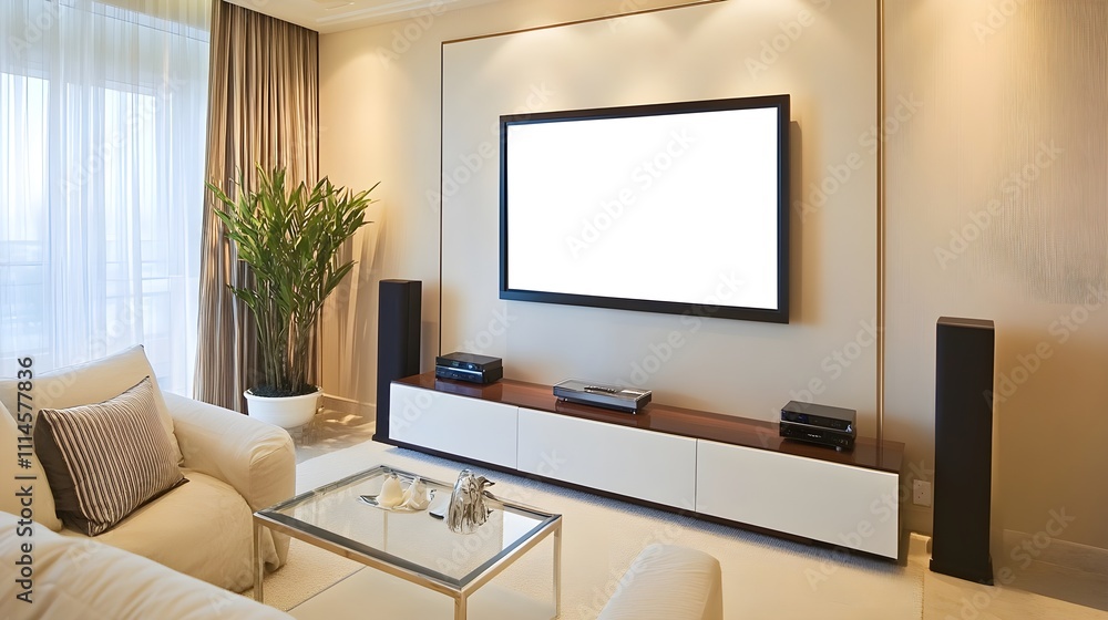 Fototapeta premium A blank white frame mounted above a flat-screen TV on a sleek media console, set in a modern, neutral-toned living room