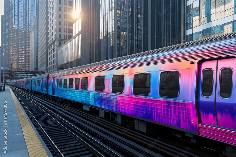 Fototapeta premium Vibrant commuter train with a colorful livery is passing through a modern city during sunset