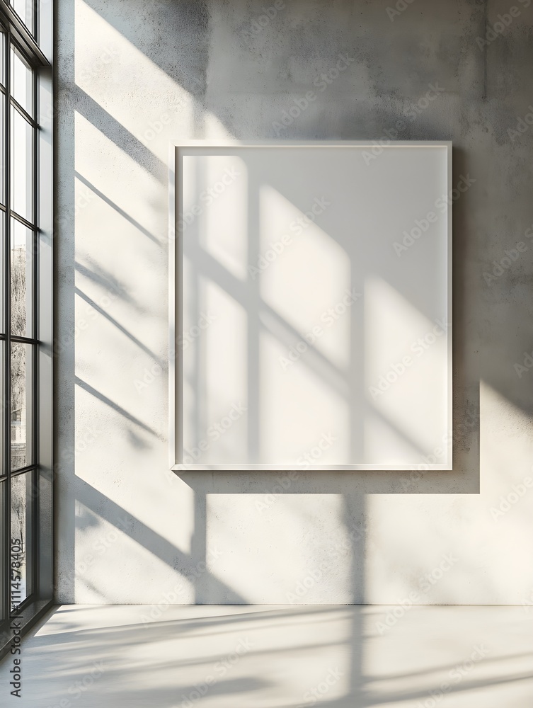 A blank white frame hung on a concrete wall, with large industrial-style windows casting light into the room. A blank white frame hung on a concrete wall, with large industrial-style windows casting light into the room.