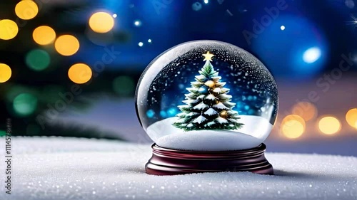 shiny christmas tree in snow globe