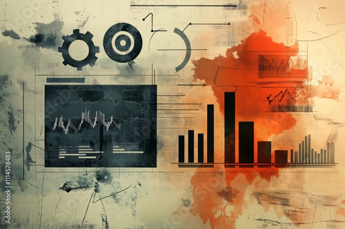 Business concept background showing market analysis with charts and icons on a grunge texture photo