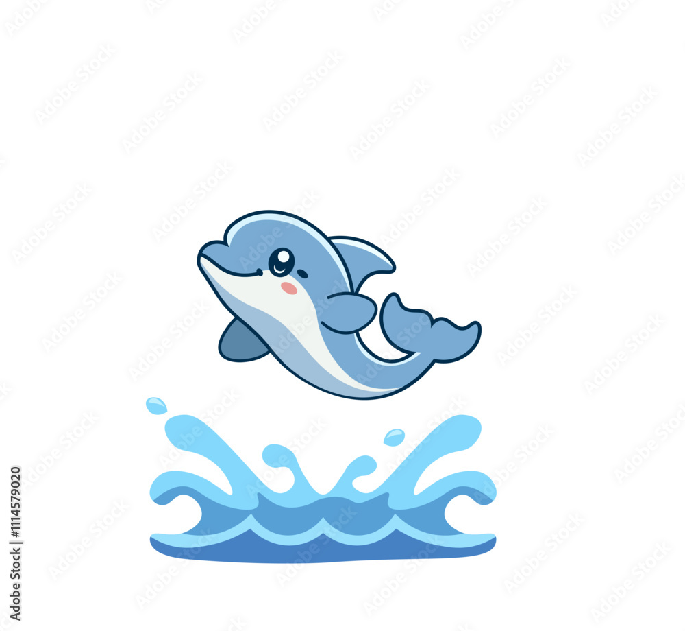 Fototapeta premium Vector illustration of a blue cartoon dolphin in a jump on a white background 