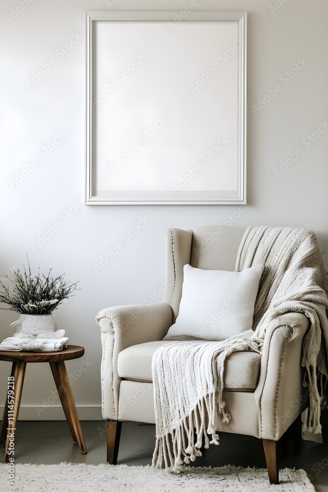 Fototapeta premium A blank white frame hanging above a corner armchair, surrounded by a throw blanket and a small side table. 