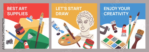 Artist tools. Art school cards. Creative workshop. Painter classes invitations. Painting supply and stationery. Paints palette and easel. Creative course banners. Garish vector set