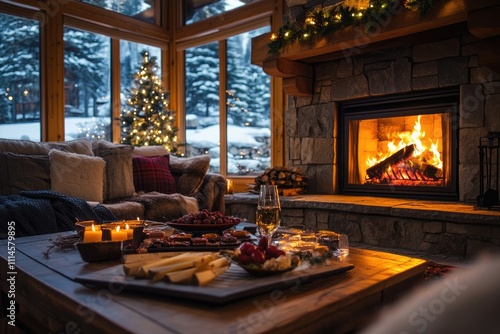 Cozy christmas chalet interior with burning fireplace, festive dinner and snowy view photo