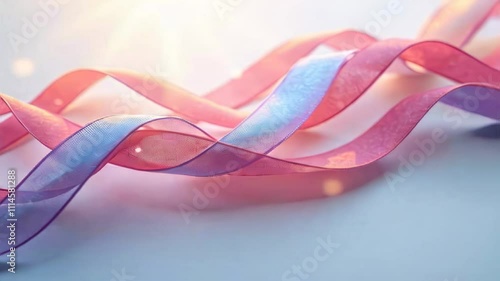 Curved pastel colored satin silk ribbon on colored background. Closeup.