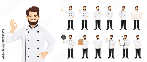 Happy man chef cook wearing uniform in different poses. Vector illustration set