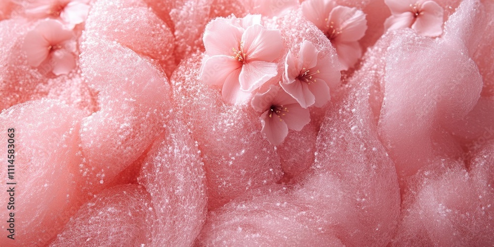 Fototapeta premium Soft pink foam swirls with delicate cherry blossoms creating a serene and dreamy atmosphere in a tranquil setting